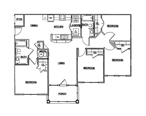 Floor plan for 4 beds, 2 baths, 1301 sqft